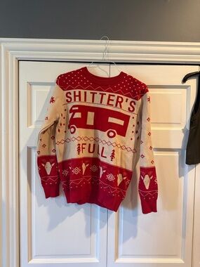 Red and Cream Holiday Sweater - Novelty 'Shitter's Full'